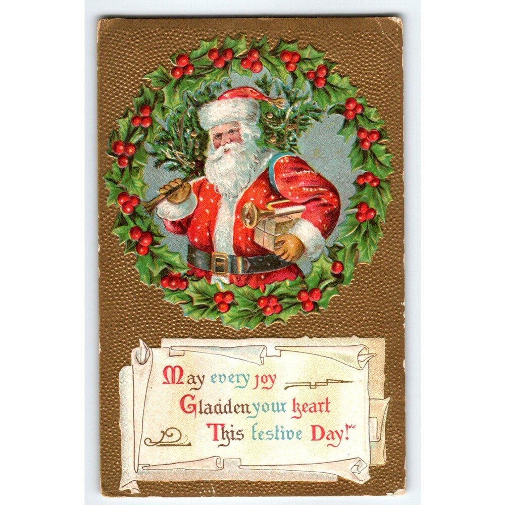 Santa Claus Christmas Postcard Saint Nick Poinsettia Wreath Vintage Embossed